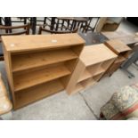 TWO OPEN STORAGE SHELVES AND LEBUS BEDSIDE LOCKER