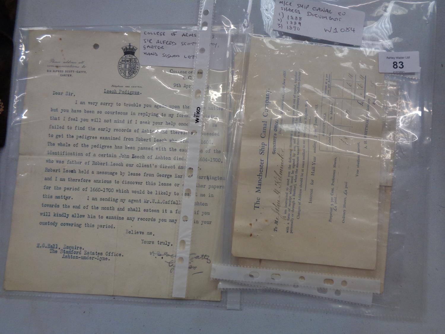 VARIOUS EPHEMERA TO INCLUDE 1888, 1889, AND 1890 MANCHESTER SHIP CANAL SHARE DOCUMENTS AND A HAND