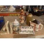 A MIXED SELECTION OF CERAMICS TO INCLUDE PORTMEIRION BUTTER DISH , MARBLE BOOK ENDS, TEA POT, ETC