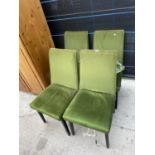 FOUR MID 20TH CENTURY DINING CHAIRS WITH GREEN UPHOLSTERED AND BLACK PAINTED LEGS