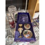 A BOXED BRASS VASE, TRINKET DISH AND TRINKET BOWL, WITH A SUGAR SHAKER AND A CANDLE HOLDER