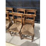 FOUR BEECH FRAMED CHAPEL CHAIRS WITH RUSH SEATS