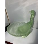 A DECO GREEN GLASS DISH DEPICTING A LADY WITH A SHELL
