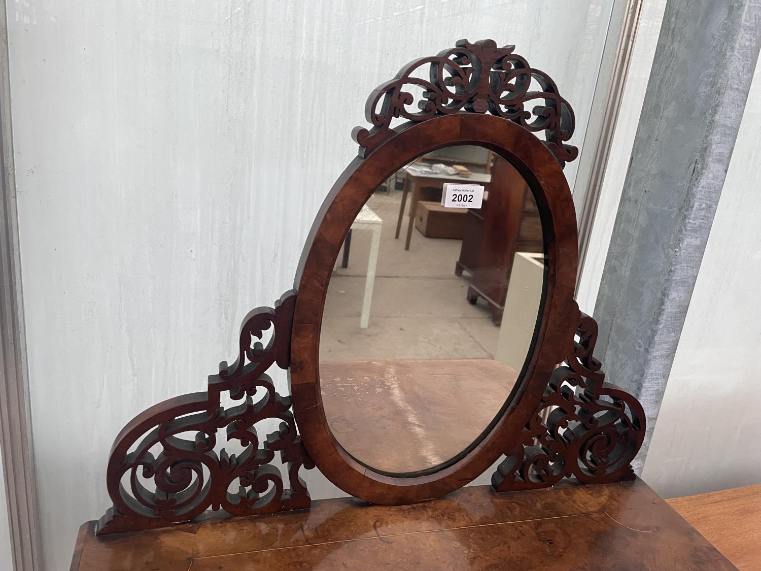 A VICTORIAN WALNUT AND INLAID THREE TIER WHATNOT WITH FRETWORK MIRROR-BACK ON TURNED SUPPORTS, - Image 2 of 8