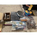AN ASSORTMENT OF ITEMS TO INCLUDE DOOR KNOBS, DOMINOES AND BLACK BOARDS ETC