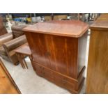 A YEW WOOD TV CABINET AND A NEST OF TABLES