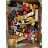 A LARGE BOX OF TOY CARS, VANS AND WAGONS