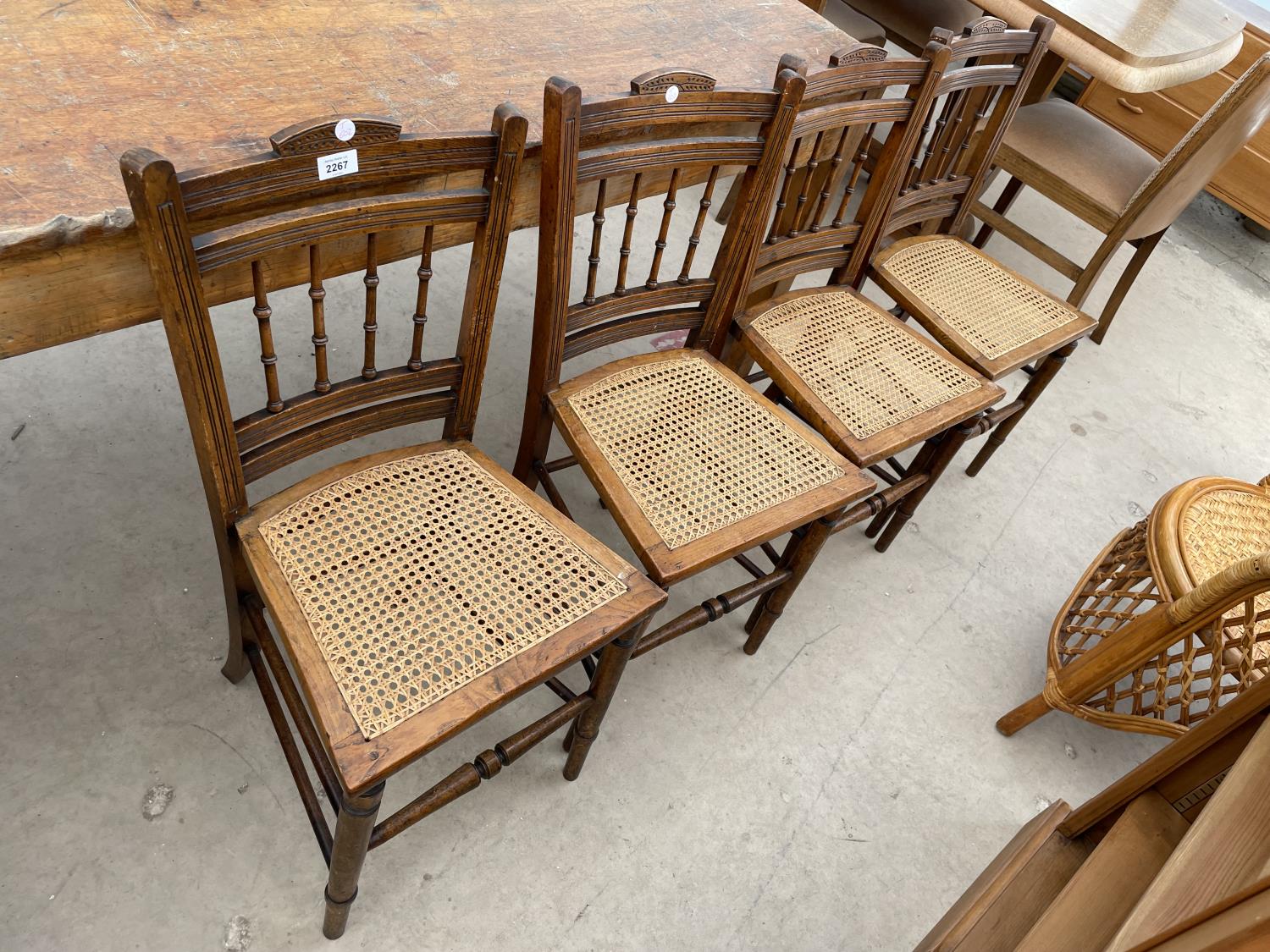 A SET OF FOUR EDWARDIAN BEDROOM CHAIRS WITH CANE SEATS