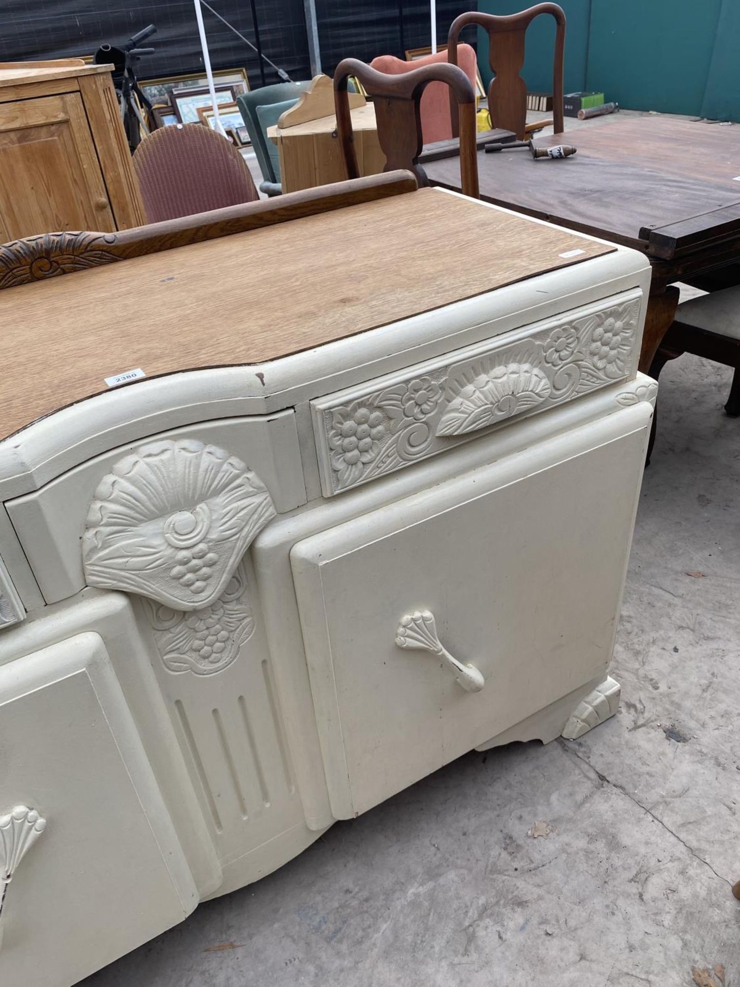 AN EARLY 20TH CENTURY OAK SIDEBOARD WITH SHABBY CHIC PAINTING, 54" WIDE - Image 3 of 4