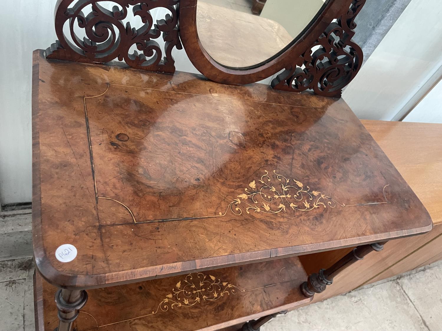 A VICTORIAN WALNUT AND INLAID THREE TIER WHATNOT WITH FRETWORK MIRROR-BACK ON TURNED SUPPORTS, - Image 4 of 8