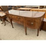 A 19TH CENTURY MAHOGANY BOWFRONTED SIDEBOARD ON TAPERED LEGS, WITH SPADE FEET, 78"