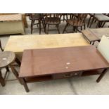 A MODERN MAHOGANY AND CROSSBANDED COFFEE TABLE WITH TWO DRAWERS, 48X20", AND ONE OTHER COFFEE TABLE
