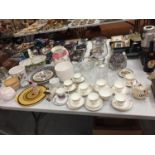 A VERY LARGE COLLECTION OF CERAMICS AND GLASSWARE TO INCLUDE ARGYLE TRIOS, BASKET, JUG ETC