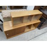 A MID 20TH CENTURY OAK CABINET WITH SLIDING DOORS AND SIMILAR CABINET WITH GLASS DOORS, STAMPED