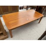 A RETRO TEAK COFFEE TABLE BEARING STAMP 'MADE IN DENMARK BY A.B.J.', 54X27.5"