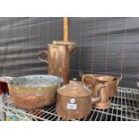 AN ASSORTMENT OF COPPER ITEMS TO INCLUDE A LARGE JUG, BOWL AND KETTLE ETC