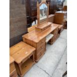A MODERN PINE DRESSING TABLE WITH MIRROR, STOOL AND TWO BEDSIDE TABLES