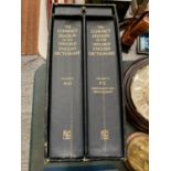 A VINTAGE TWO BOOK SET 'THE COMPACT EDITION OF THE OXFORD ENGLISH DICTIONARY' IN A CASE WITH UPPER