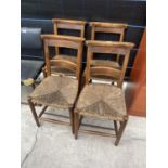 FOUR BEECH FRAMED CHAPEL CHAIRS WITH RUSH SEATS