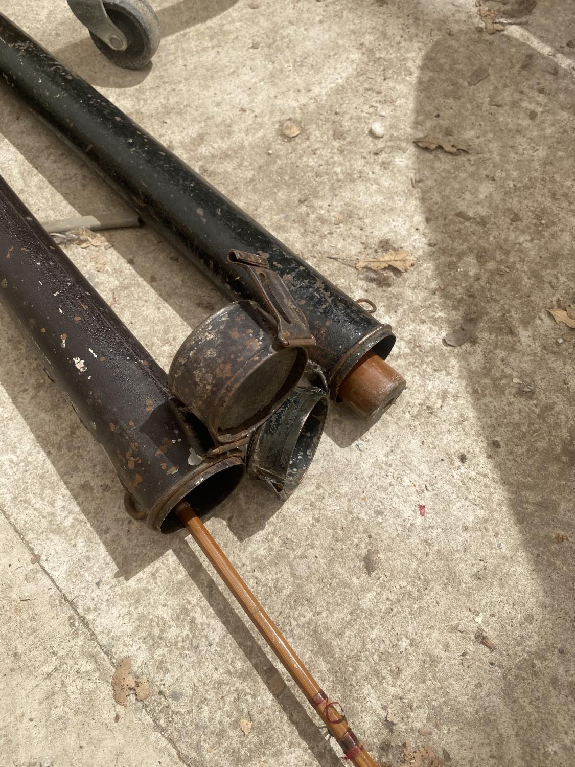 A PAIR OF VINTAGE SNOOKER CUE CASES WITH A SNOOKER CUE AND A FISHING ROD - Image 2 of 4