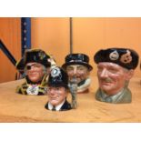 FOUR ROYAL DOULTON TOBY JUGS TO INCLUDE 'BEEFEATERS' AND 'MONTY'