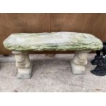 A STONE EFFECT GARDEN BENCH WITH SQUIREL PEDESTAL BASE