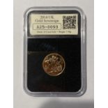 A UK GOLD SOVEREIGN, QUEEN ELIZABETH 11, 2014, SUPERBLY BOXED, WITH CERTIFICATE OF AUTHENTICITY