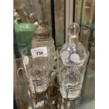 HALMARKED SILVER ITEMS TO INCLUDE A PERFUME BOTTLE, TWO GLASSES IN A SILVER HOLDER AND A SHAKER