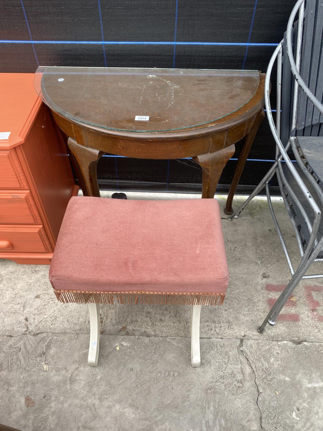 A DEMI-LUNE HALL TABLE AND DRESSING STOOL