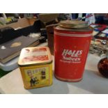 TWO VINTAGE TINS 'HALLS SWEETS' AND 'BISTO' AND TWO DISNEY PLATES
