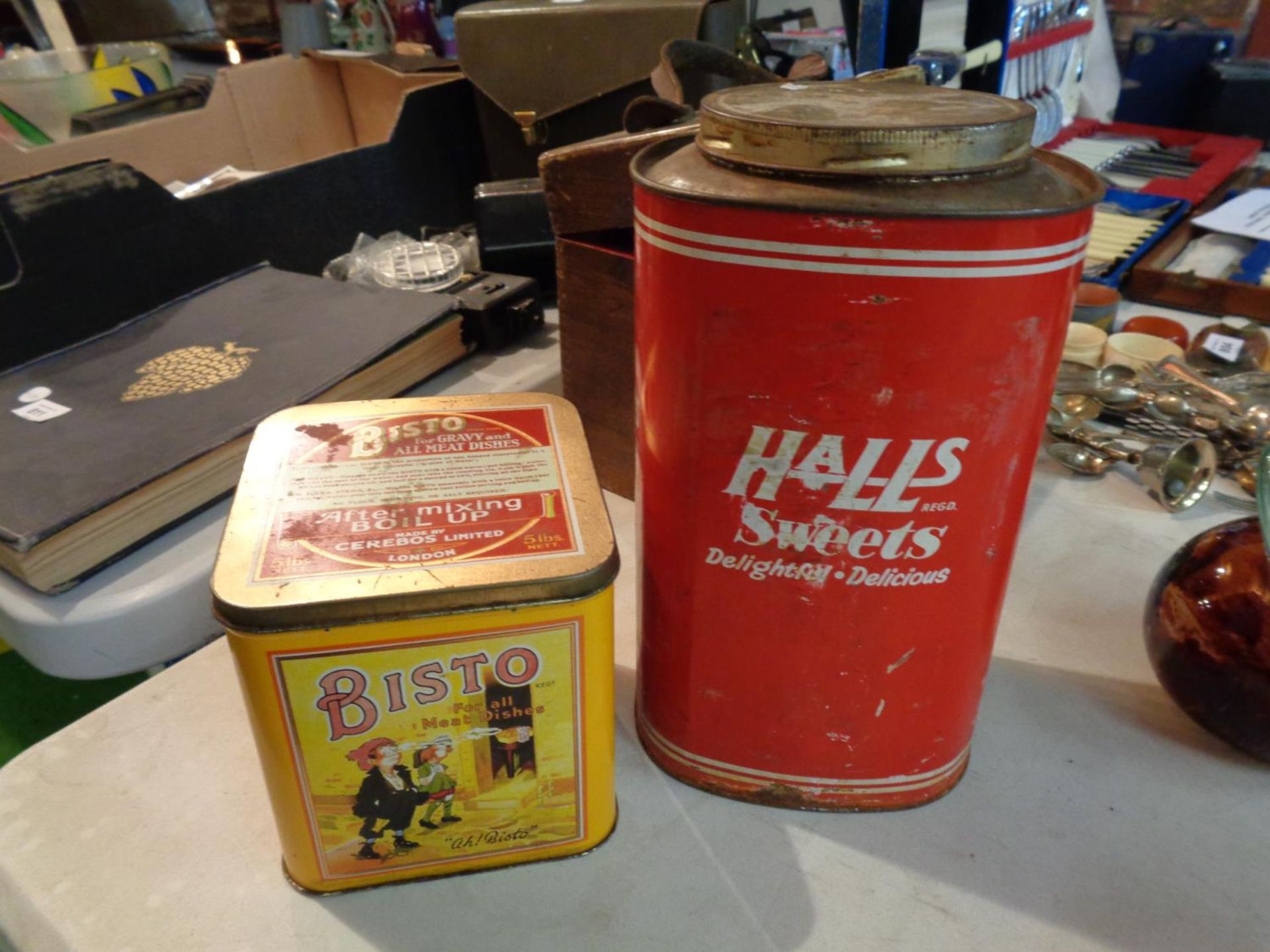 TWO VINTAGE TINS 'HALLS SWEETS' AND 'BISTO' AND TWO DISNEY PLATES
