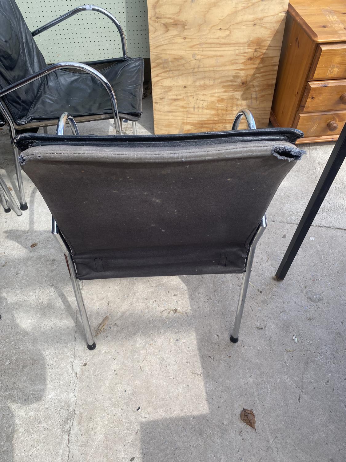 FOUR RETRO TUBULAR CHORMIUM PLATED ELBOW CHAIRS WITH FAUX BLACK LEATHER BACKS AND SEATS - Image 3 of 4