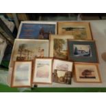 A COLLECTION OF FRAMED AND MOUNTED PRINTS AND A FRAMED EMBROIDERY OF A CHURCH DATED 1953