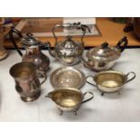A SELECTION OF SILVER PLATED ITEMS TO INCLUDE TEA POTS, SUGAR BOWL AND TWO FURTHER ITEMS