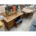 A RETRO TEAK DRESSING TABLE COMPLETE WITH STOOL, 59.5" WIDE