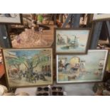 THREE FRAMED PRINTS TO INCLUDE TWO WATER SCENES AND A MARKET SCENE