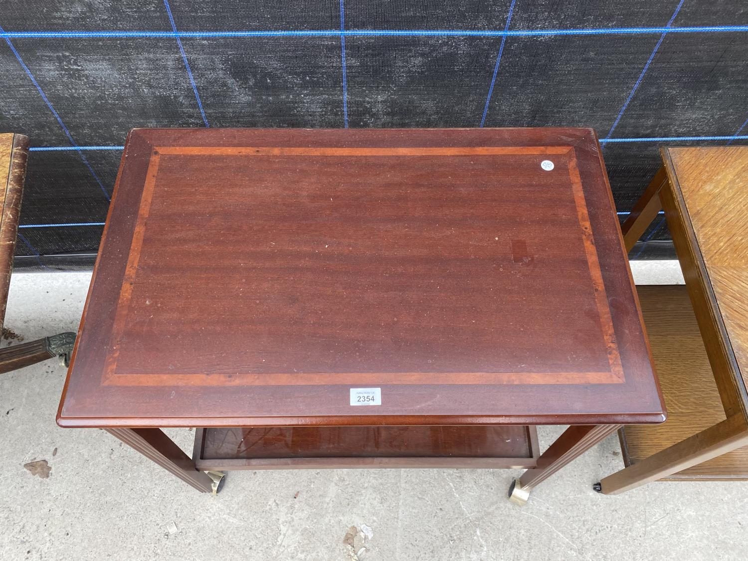 A MAHOGANY AND INLAID TWO TIER TROLLEY - Image 3 of 3