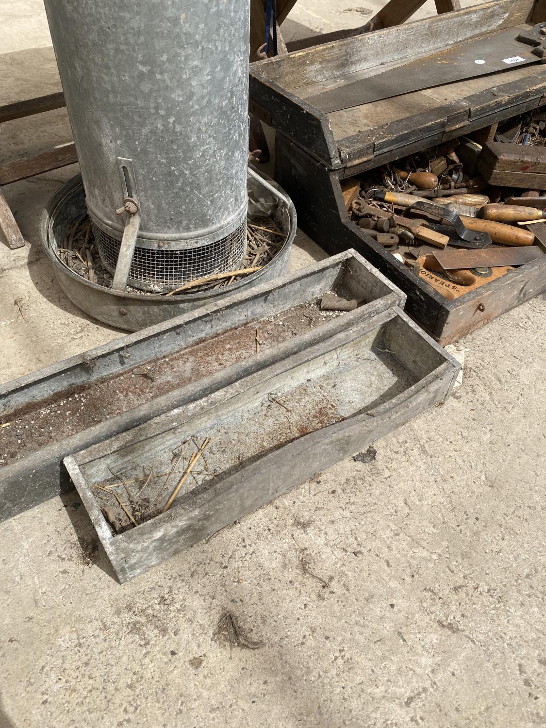 A TALL GALVANISED POULTRY FEEDER AND TWO FURTHER GALVANISED TROUGHS - Image 3 of 4