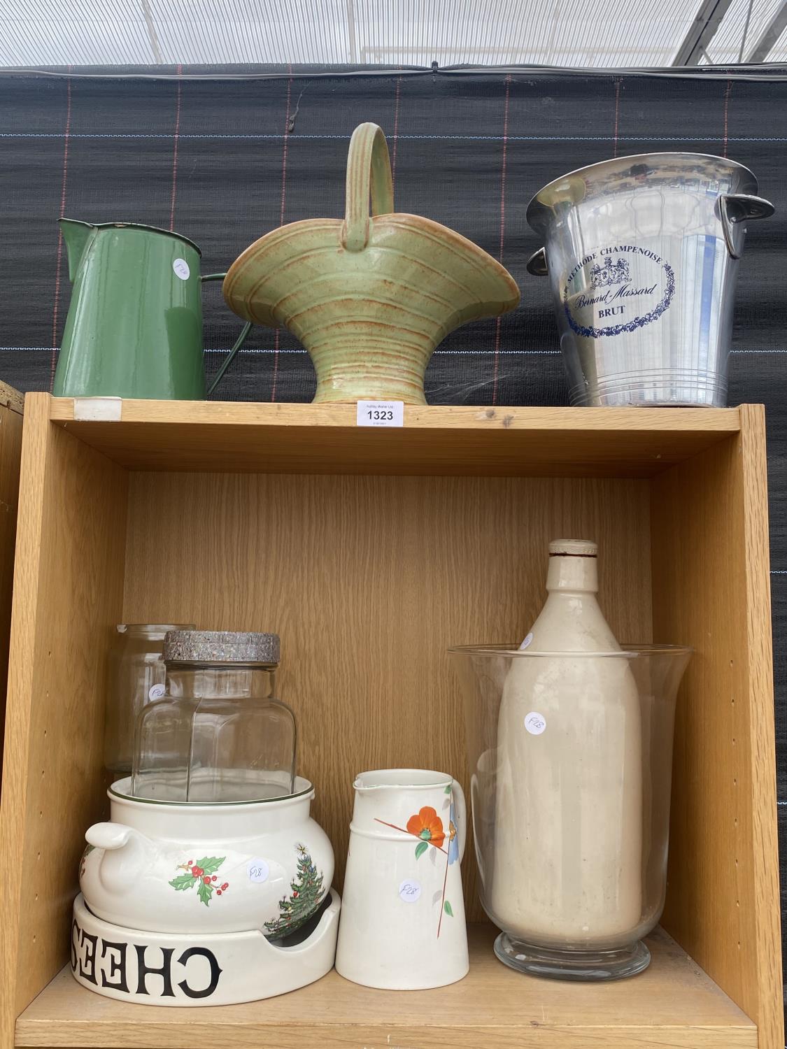 AN ASSORTMENT OF ITEMS TO INCLUDE JUGS, VASES AND AN ICE BUCKET ETC