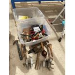 A LARGE ASSORTMENT OF HAND TOOLS TO INCLUDE BRACE DRILL, SPANNERS AND CLAMPS ETC