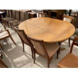A RETRO TEAK EXTENDING DINING TABLE STAMPED S.FORM (JAMES.H.SUTCLIFFE & SON, LTD) AND FOUR G-PLAN