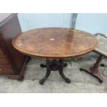 A VICTORIAN OVAL WALNUT AND INLAID LOO TABLE, 36X22" ON QUATREFOIL BASE