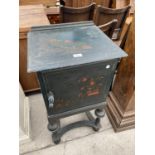 A 20TH CENTURY CHINOISERIE BEDSIDE CABINET ON OPEN BASE, WITH TURNED LEGS