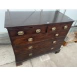 A 19TH CENTURY MAHOGANY CHEST OF TWO SHORT AND THREE LONG GRADUATED DRAWERS, 46.5" WIDE
