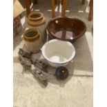 AN ASSORTMENT OF ITEMS TO INCLUDE TWO STONE WARE VESSELS, A LARGE BOWL AND ICE SKATES ETC