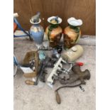 AN ASSORTMENT OF ITEMS TO INCLUDE MEAT MINCERS, HOT WATER BOTTLES AND JUGS ETC