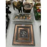 FOUR DECORATIVE TO INCLUDE A LIDDED BOX, HORSE ETC
