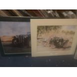 TWO PRINTS IN MOUNTS ONE OF A VINTAGE MG AND ONE OF DUAL AT LE MANS