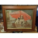 A FRAMED PICTURE OF TWO DOGS IN THE RAIN NAMED APRIL SHOWERS