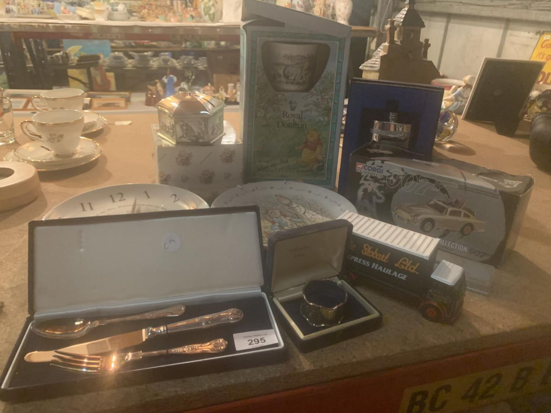 VARIOUS ITEMS TO INCLUDE BOXED FLATWARE, 007 COLLECTORS CAR, HIP FLASK, CHRISTENING WARE ETC